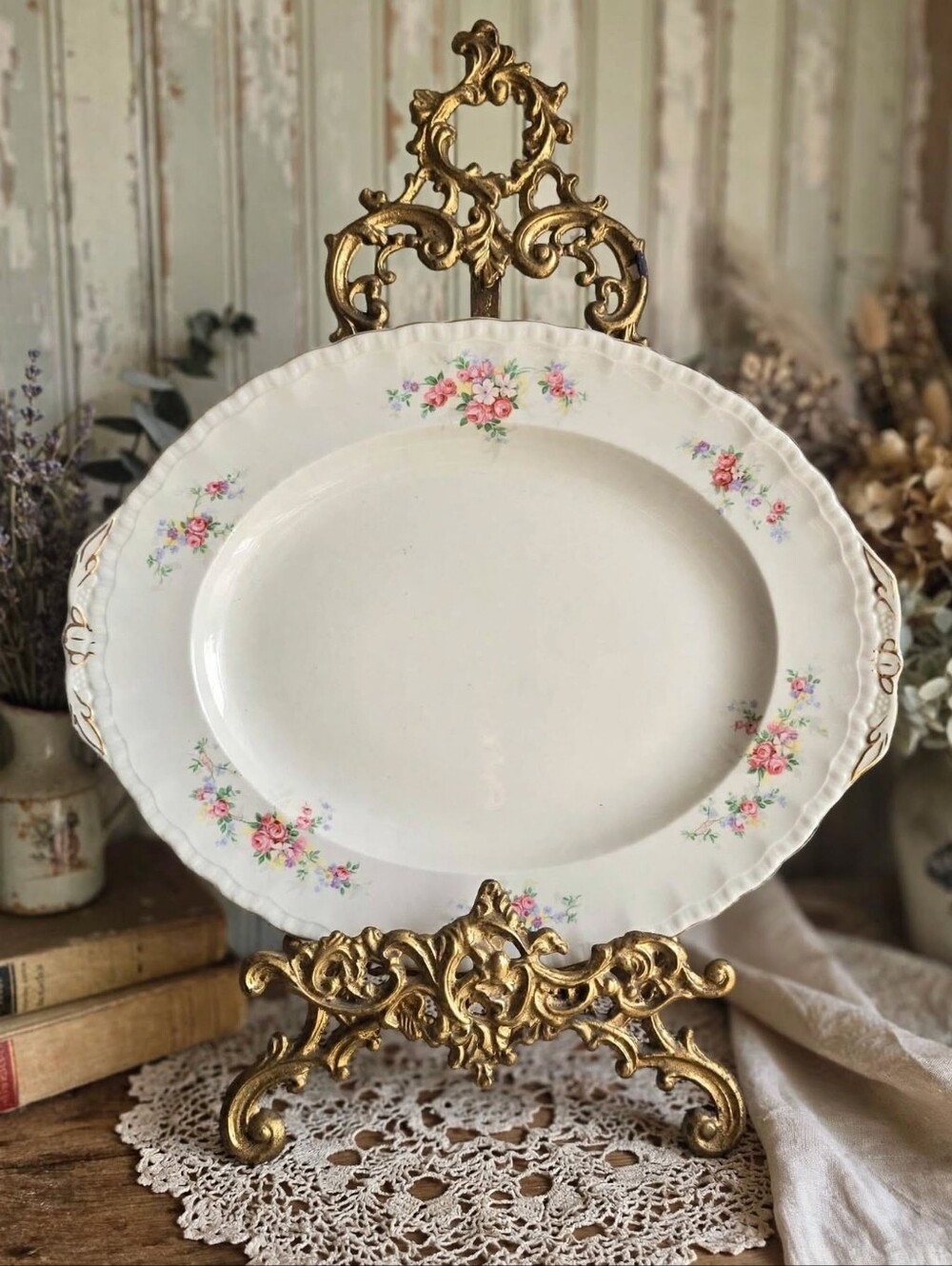 Vintage Grindley Creampetal Floral Oval Platter Scalloped Gold Trim
